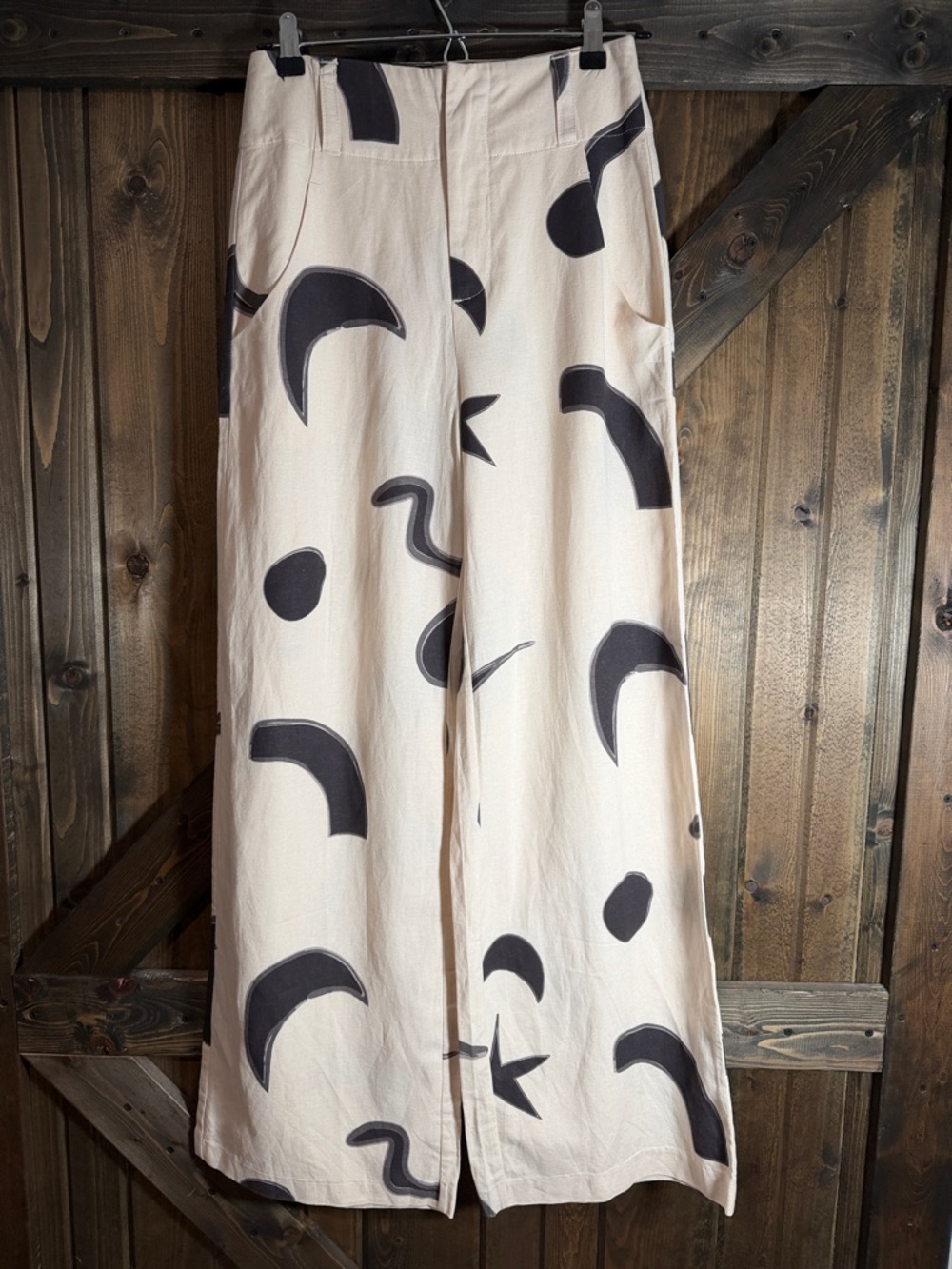 Madison Cream Wide-Leg Pants Linen Blend with Black Abstract Print